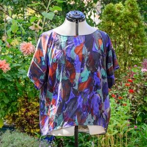 One Forty 8 NWOT Blouse: Boat-neck, Cap-slv: Blue, Rust, and Aqua Impressionist